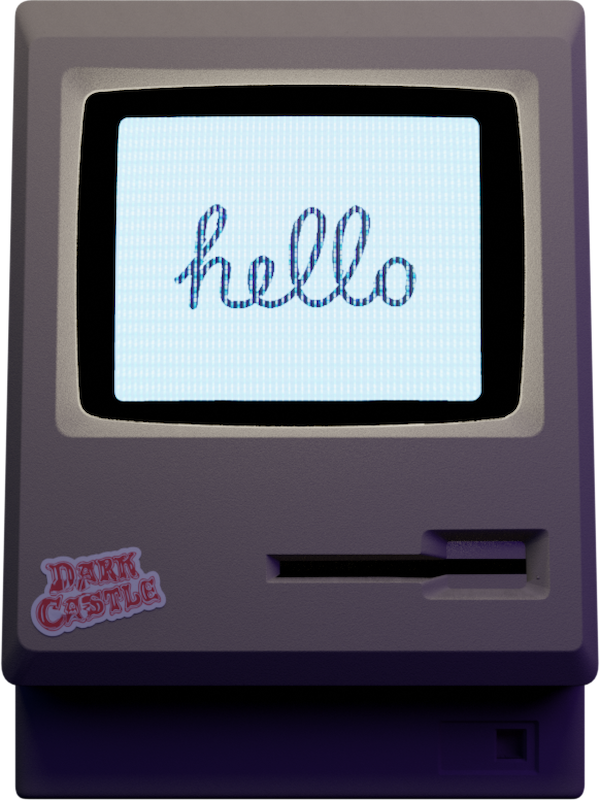 Retro computer monitor showing the Readme screen